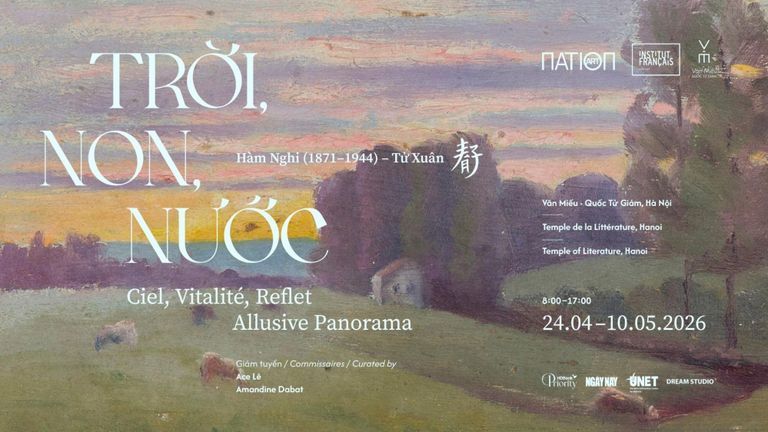 “Trời, Non, Nước | Allusive Panorama” is a non-commercial exhibition showcasing 20 paintings by Emperor Hàm Nghi  at the Temple of Literature.