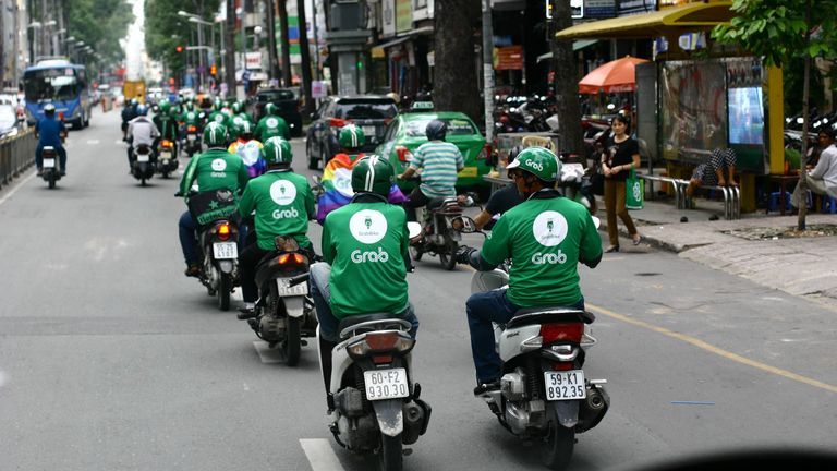 A fleet of Grab drivers in Saigon, June 2021. | Source: Shutterstock