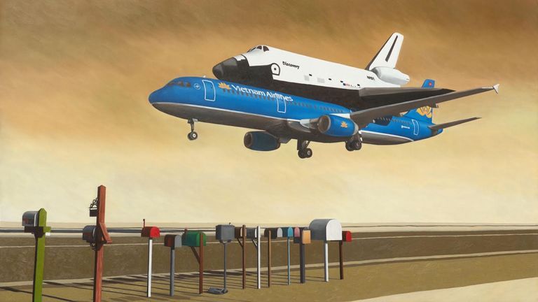 Vietnam Airlines & Space Shuttle (2023), oil on canvas, 61 x 100.5 cm. | Image Courtesy of Galerie Quynh