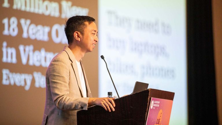 Hảo Tran speaking at the NAAAP Leadership Convention | Source: NAAAP